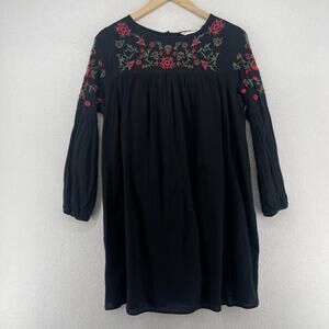 ZARA Dress XS Basic Collection Embroidered Floral Tunic Gauze Long Sleeve Black